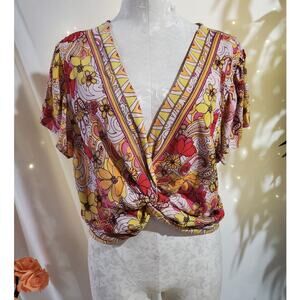 Vtg Angie Paisley Floral Twist Front Flutter Sleeve Crop Top Womens Plus Size 2X